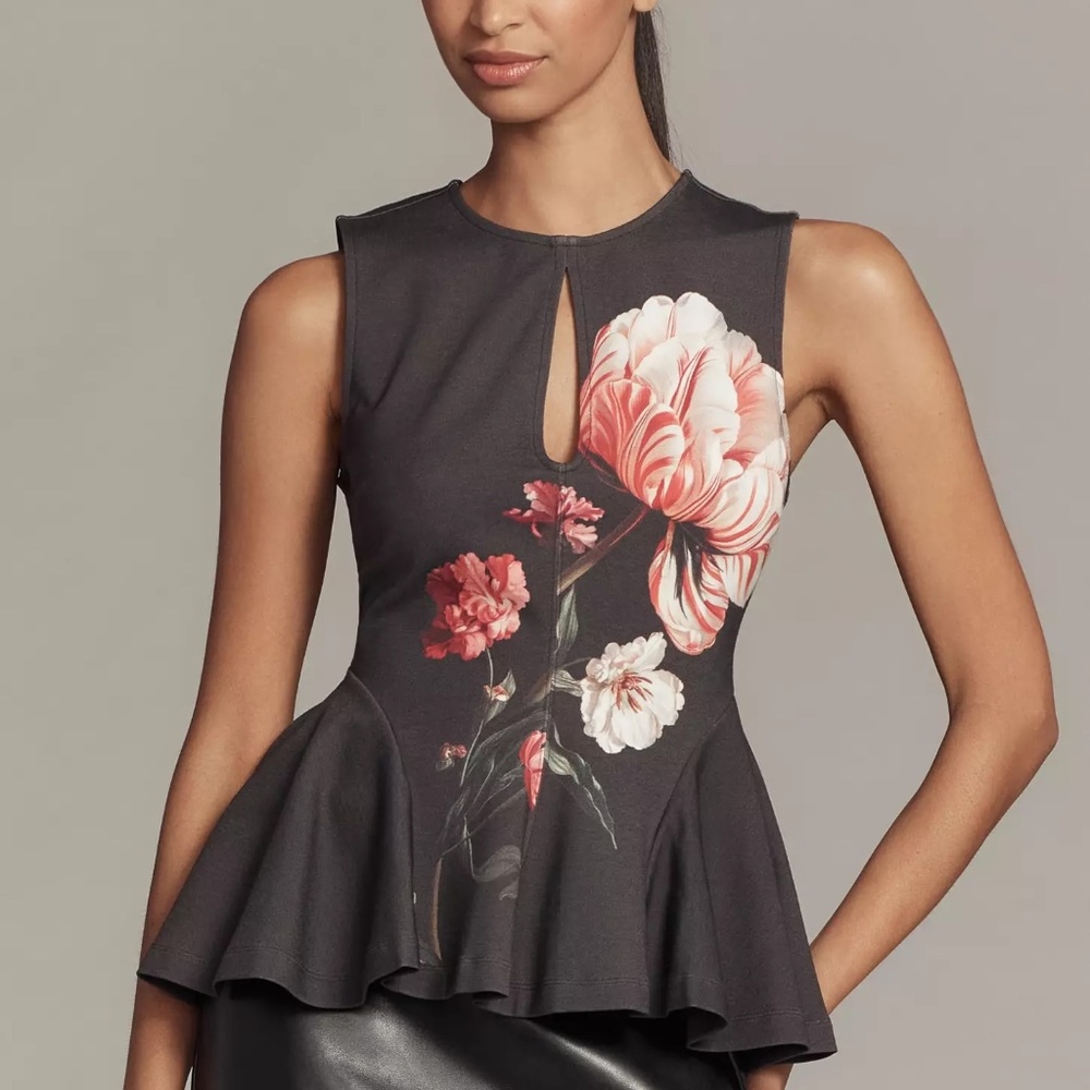 Anthropologie Night Watch Peplum Tank Top Black Floral Motif By Maeve size M NWT - Picture 2 of 5
